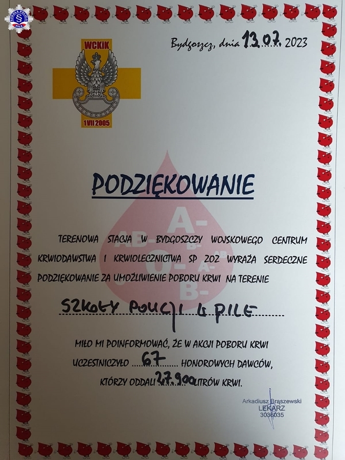 Pisemne podziękowania dla Szkoły Policji w Pile za zorganizowanie akcji zbiórki krwi