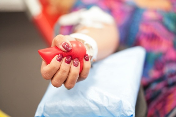 dłoń ręki z której pobierana jest krew ściska czerwonego gniotka, dla wzbudzenia przepływu krwi.